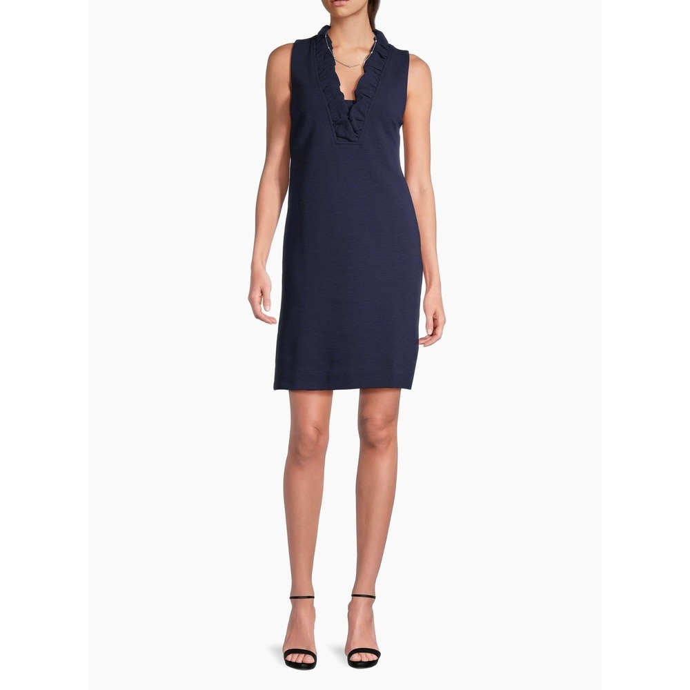 Lilly Pulitzer Womens Navy Blue Ruffle V-Neck Sleeveless Ottoman Shift Dress